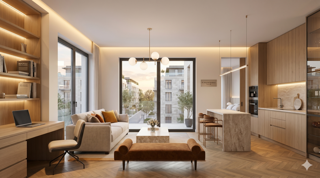 One-bedroom apartment living zone with oak herringbone floor