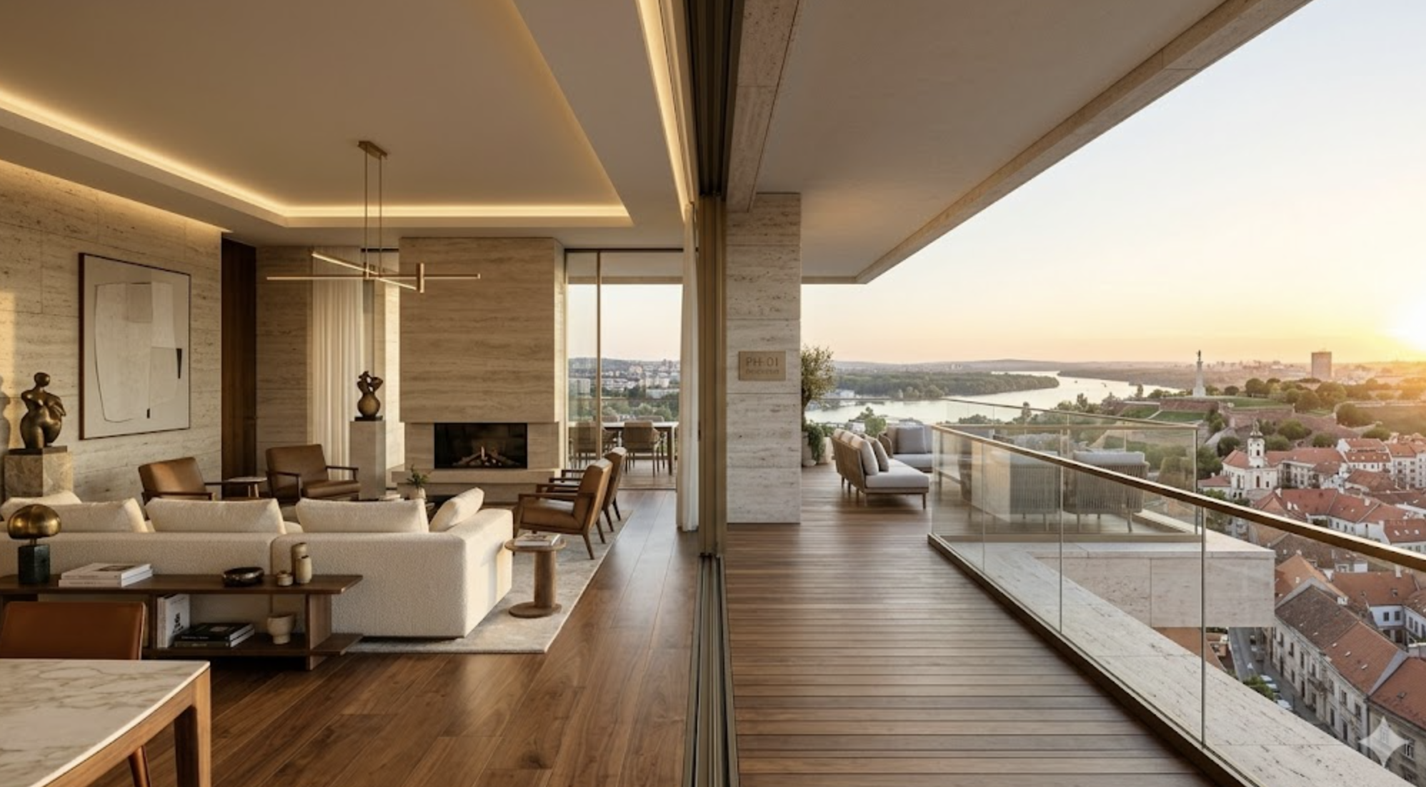 Penthouse living room with panoramic terrace view over Belgrade
