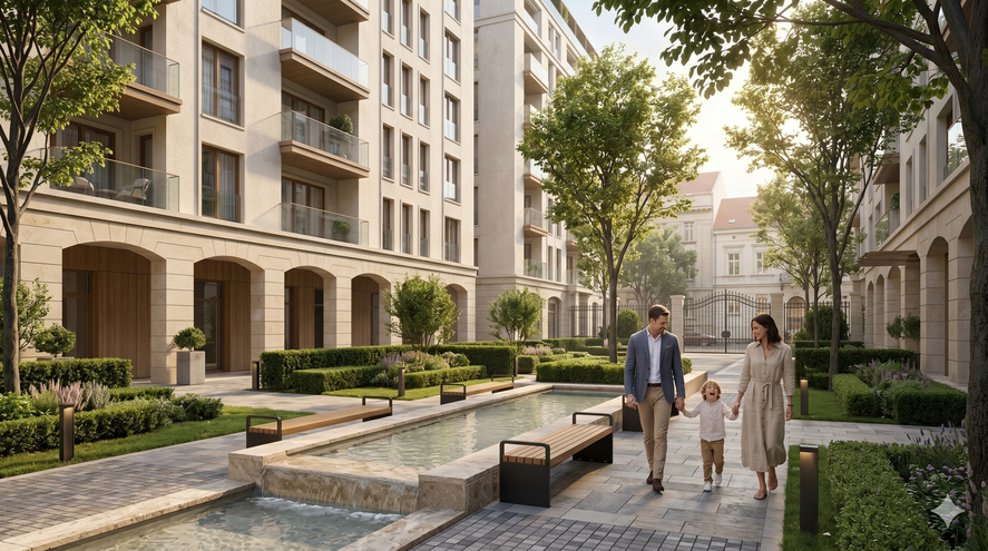 Inner courtyard with water features and landscaping