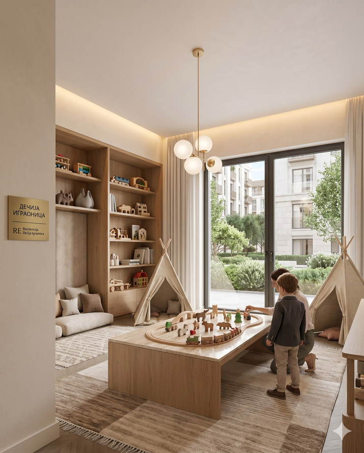 Children's playroom with natural materials and toys
